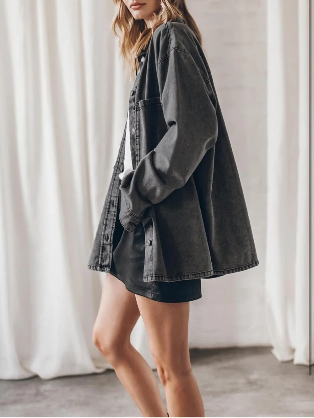 Washed Charcoal Gray Oversized Denim Shacket - Picture 4 of 7